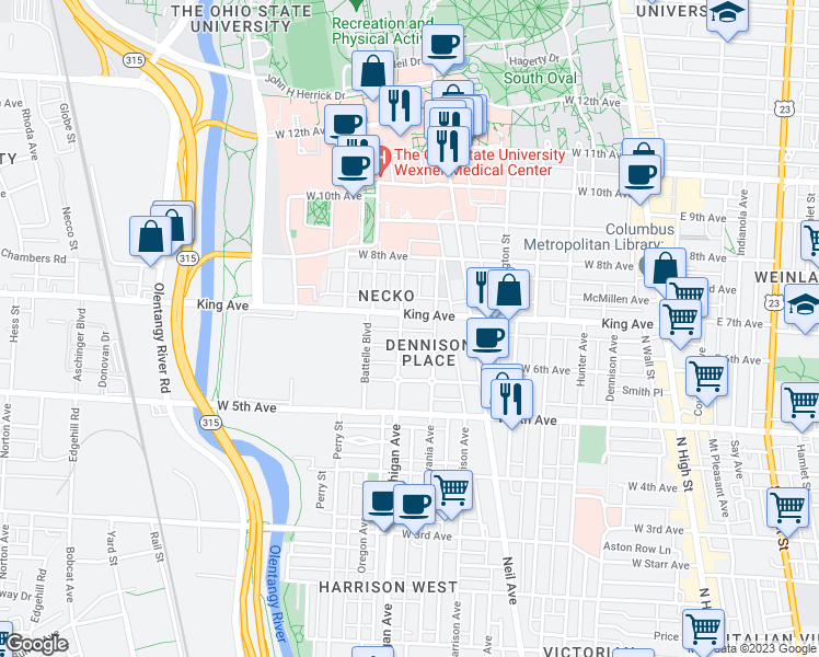 map of restaurants, bars, coffee shops, grocery stores, and more near 1412 Michigan Avenue in Columbus