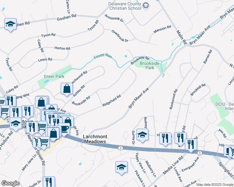 map of restaurants, bars, coffee shops, grocery stores, and more near 136 Ridgefield Road in Newtown Square
