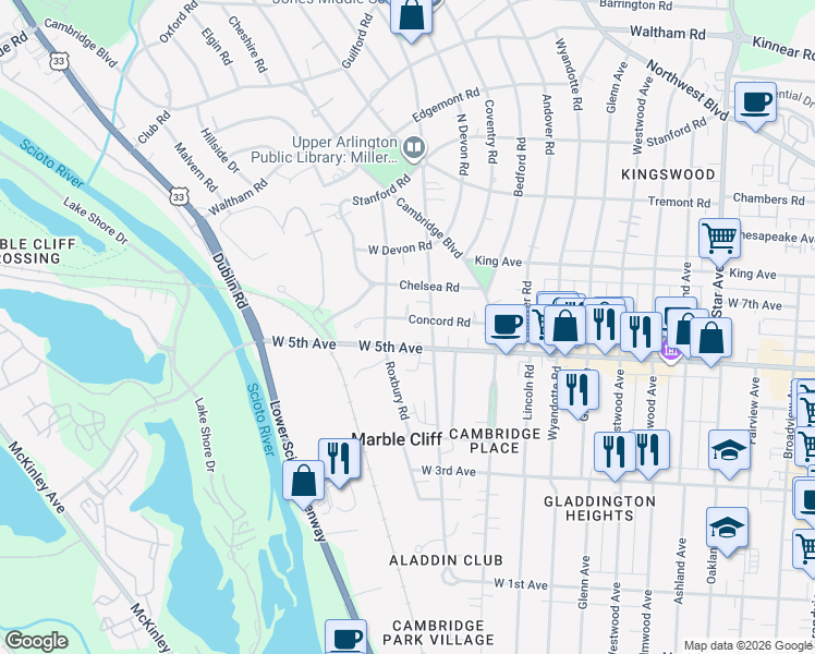 map of restaurants, bars, coffee shops, grocery stores, and more near 2023 Concord Road in Upper Arlington