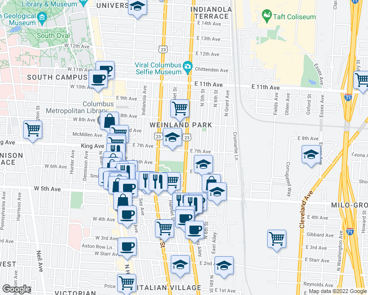 map of restaurants, bars, coffee shops, grocery stores, and more near 238 1/2 East 7th Avenue in Columbus