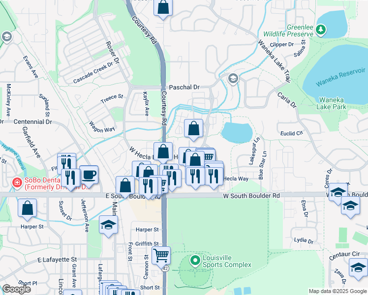 map of restaurants, bars, coffee shops, grocery stores, and more near 1331 Hecla Drive in Louisville