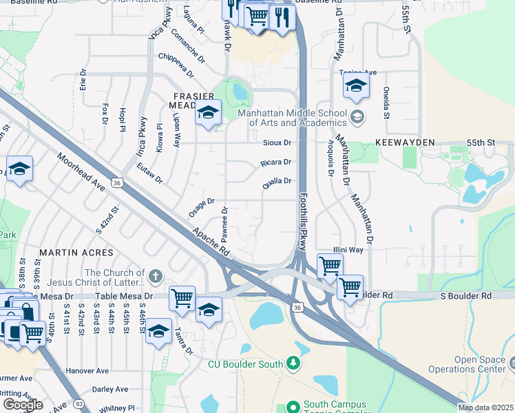 map of restaurants, bars, coffee shops, grocery stores, and more near 4800 Osage Drive in Boulder