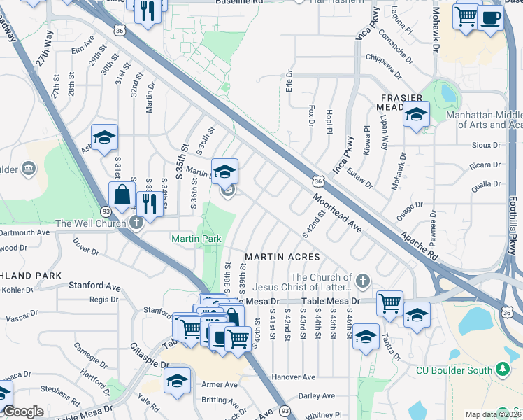 map of restaurants, bars, coffee shops, grocery stores, and more near 190 South 38th Street in Boulder