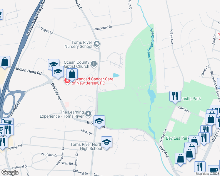 map of restaurants, bars, coffee shops, grocery stores, and more near 1351 Old Freehold Road in Toms River