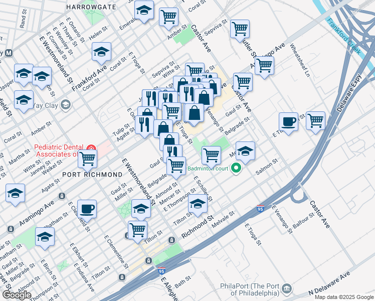 map of restaurants, bars, coffee shops, grocery stores, and more near 3469 Belgrade Street in Philadelphia