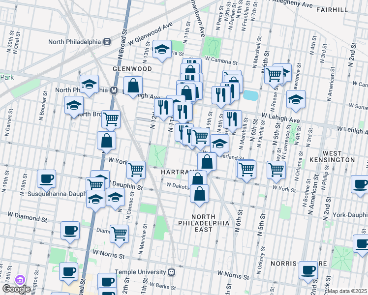 map of restaurants, bars, coffee shops, grocery stores, and more near 2452 North 10th Street in Philadelphia