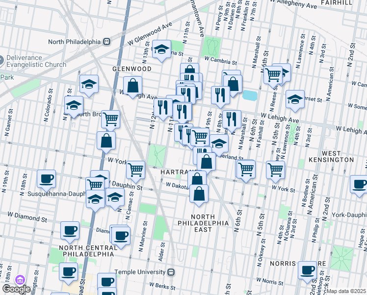 map of restaurants, bars, coffee shops, grocery stores, and more near 2500 N 10th St in Philadelphia