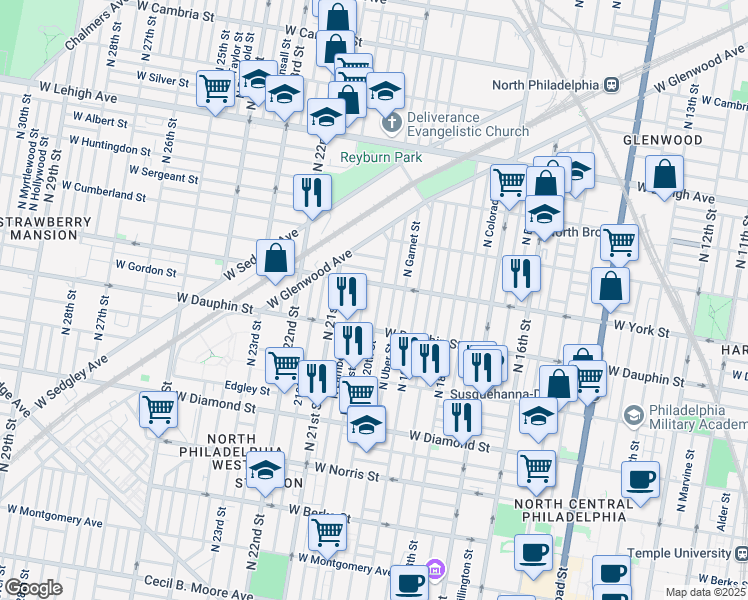 map of restaurants, bars, coffee shops, grocery stores, and more near 2343 North 20th Street in Philadelphia