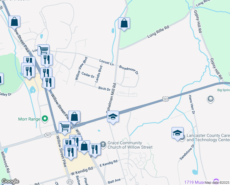 map of restaurants, bars, coffee shops, grocery stores, and more near 1625 Eshelman Mill Road in Willow Street