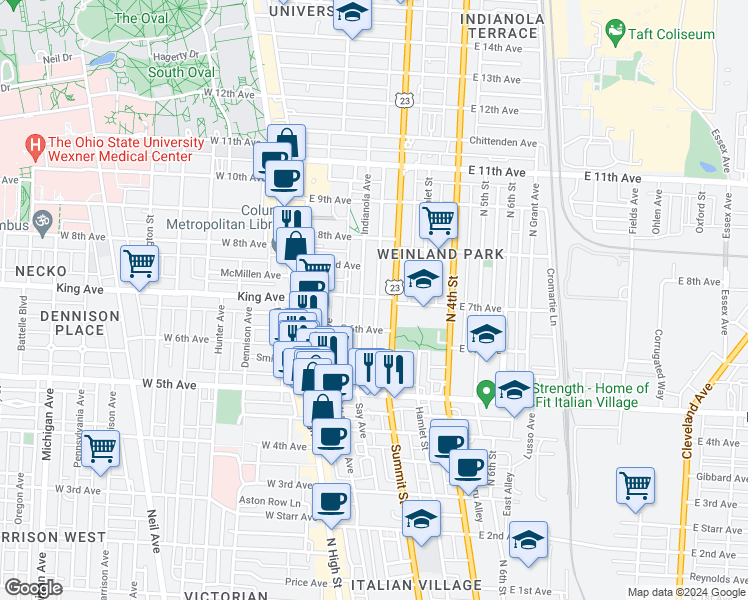 map of restaurants, bars, coffee shops, grocery stores, and more near 29 Frances Place in Columbus