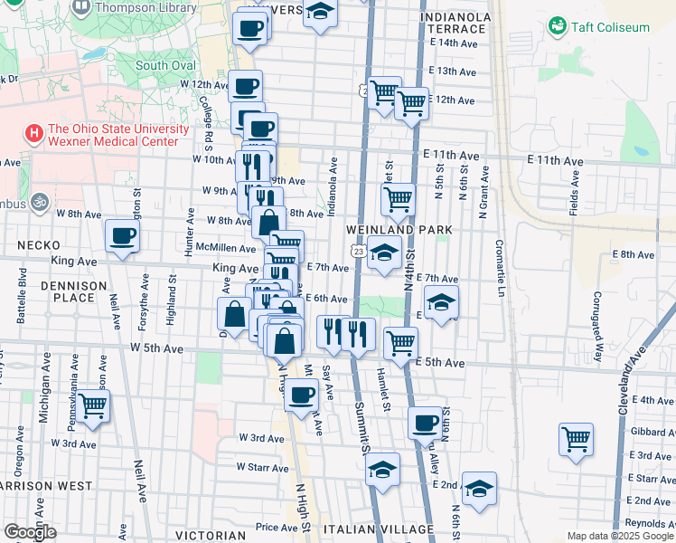 map of restaurants, bars, coffee shops, grocery stores, and more near 29 Frances Place in Columbus