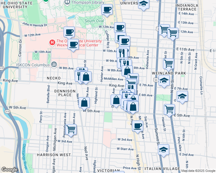 map of restaurants, bars, coffee shops, grocery stores, and more near 103 King Avenue in Columbus