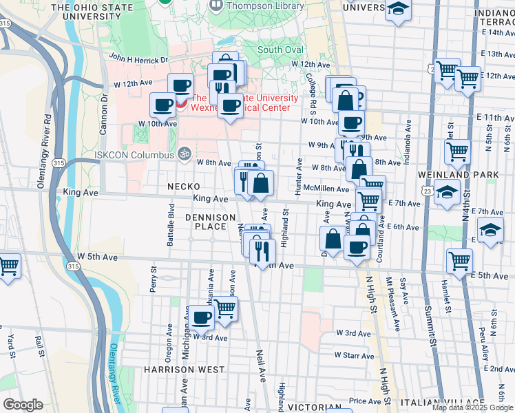 map of restaurants, bars, coffee shops, grocery stores, and more near in Columbus