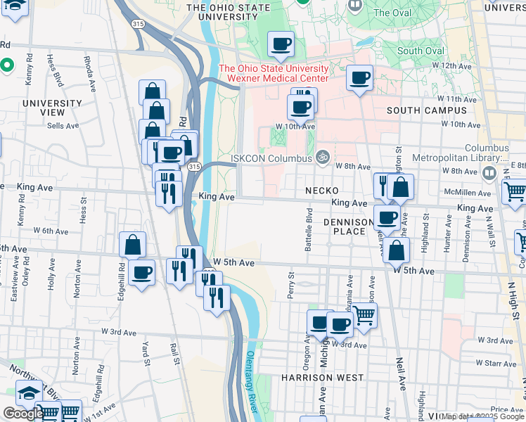 map of restaurants, bars, coffee shops, grocery stores, and more near 505 King Avenue in Columbus