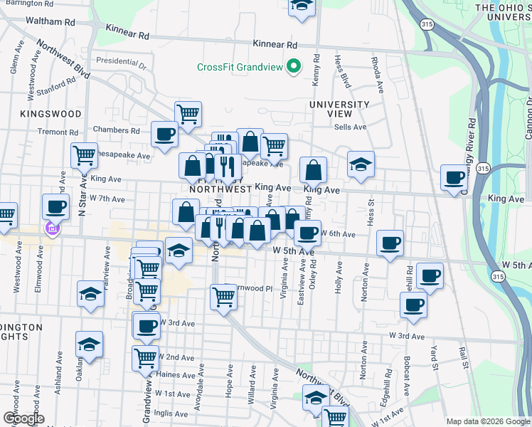 map of restaurants, bars, coffee shops, grocery stores, and more near 1196 West 6th Avenue in Columbus