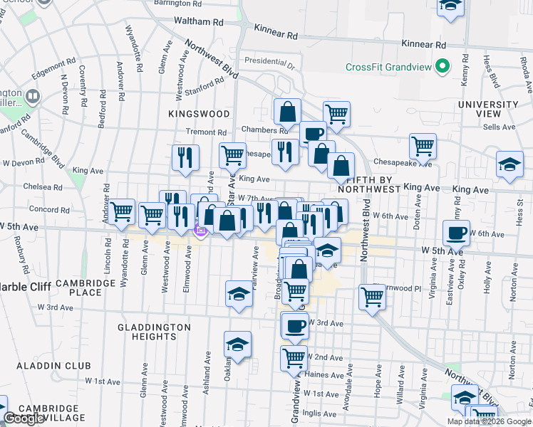 map of restaurants, bars, coffee shops, grocery stores, and more near 1518 West 6th Avenue in Columbus