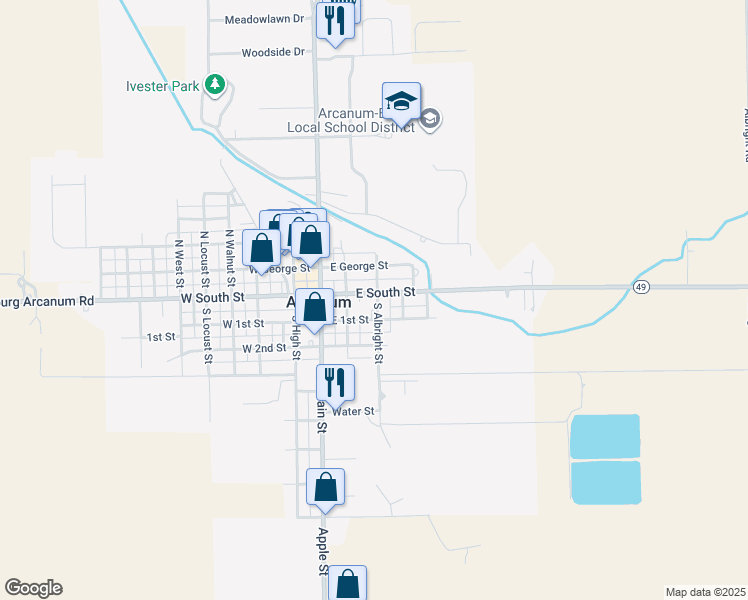 map of restaurants, bars, coffee shops, grocery stores, and more near 204 East South Street in Arcanum