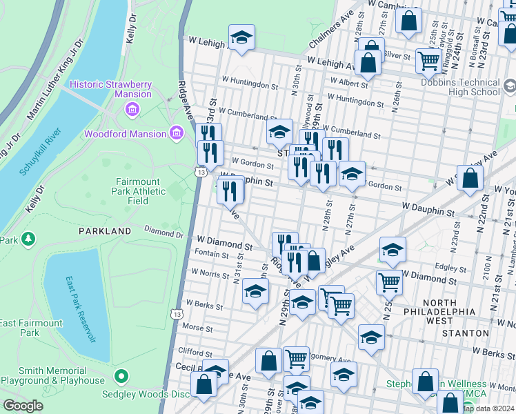 map of restaurants, bars, coffee shops, grocery stores, and more near 3036 West Colona Street in Philadelphia