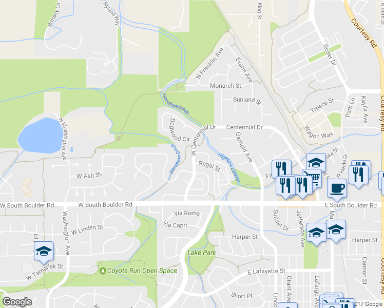 map of restaurants, bars, coffee shops, grocery stores, and more near 2039 West Centennial Drive in Louisville