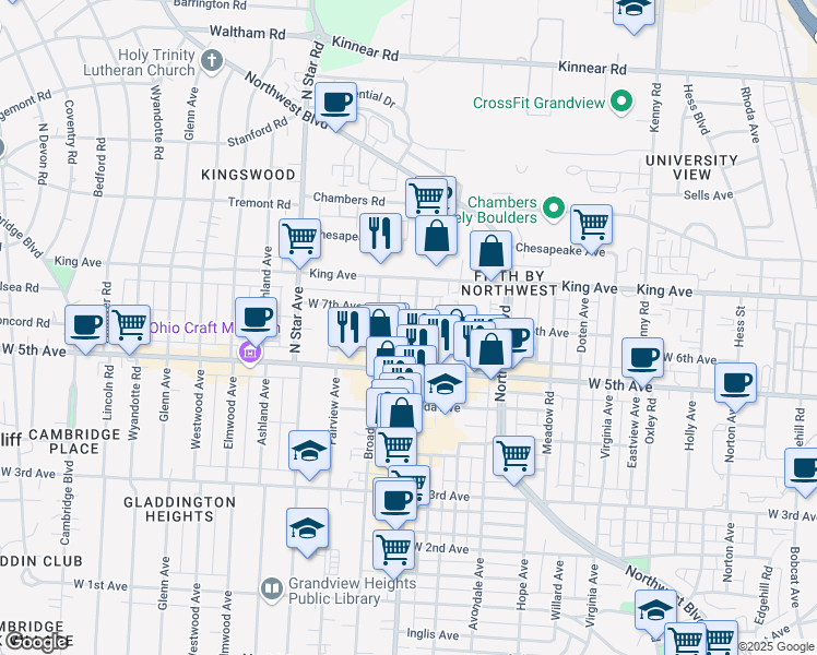 map of restaurants, bars, coffee shops, grocery stores, and more near 1573 Grandview Avenue in Columbus