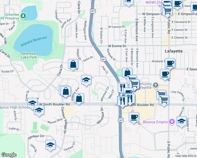 map of restaurants, bars, coffee shops, grocery stores, and more near 1030 Parthenon Place in Lafayette