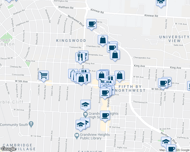 map of restaurants, bars, coffee shops, grocery stores, and more near 1502 West 6th Avenue in Columbus