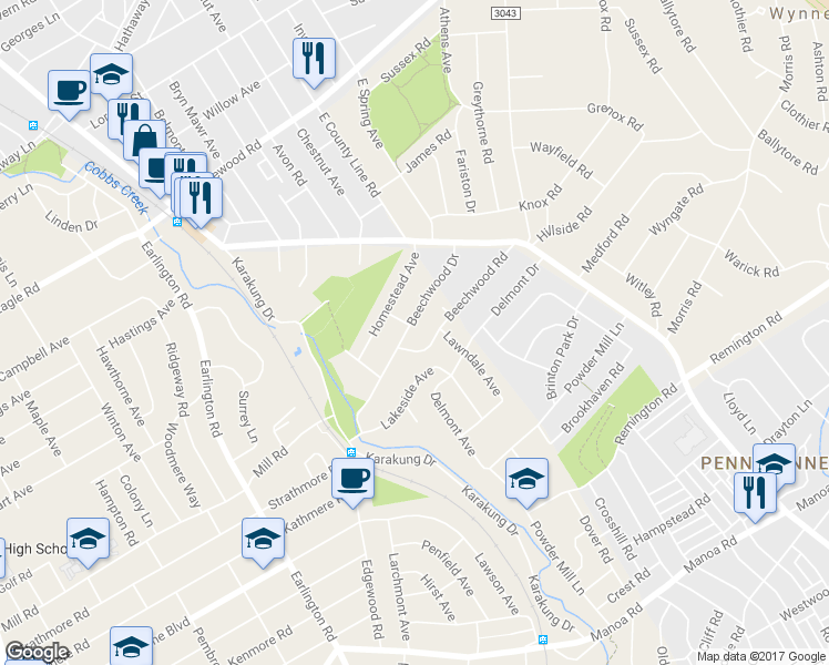 map of restaurants, bars, coffee shops, grocery stores, and more near 801 Beechwood Drive in Delaware County