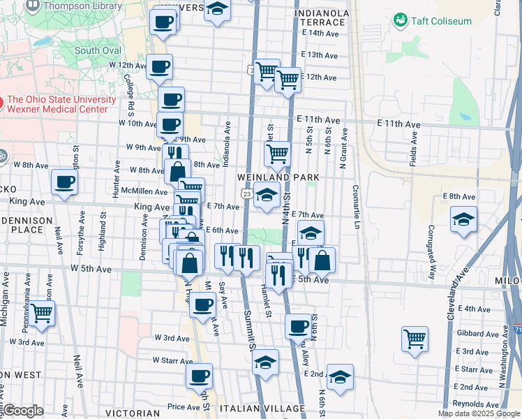 map of restaurants, bars, coffee shops, grocery stores, and more near 186 East 7th Avenue in Columbus