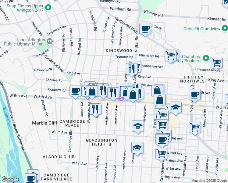 map of restaurants, bars, coffee shops, grocery stores, and more near 1619 Elmwood Avenue in Columbus