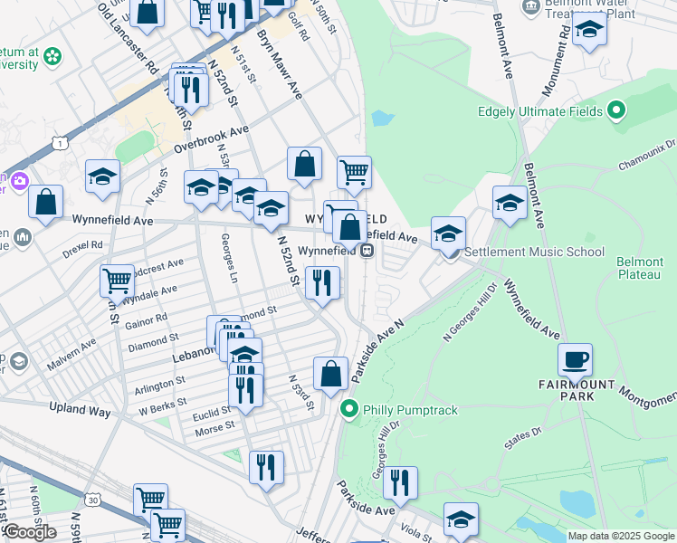 map of restaurants, bars, coffee shops, grocery stores, and more near 5009 Gainor Road in Philadelphia