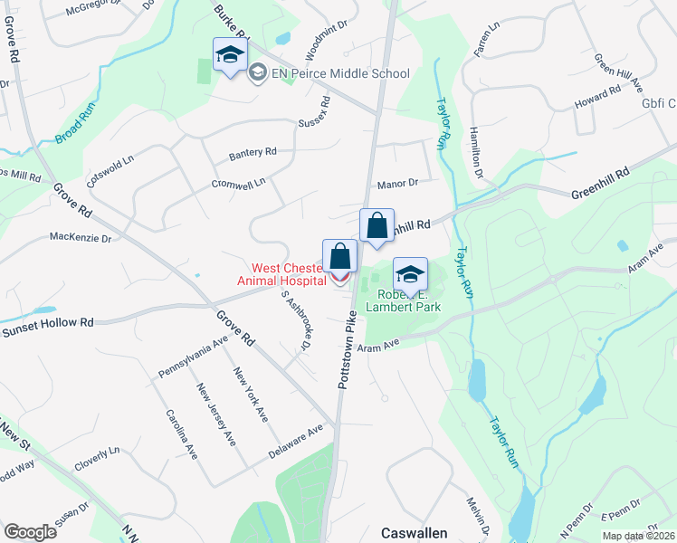 map of restaurants, bars, coffee shops, grocery stores, and more near 6 Sunset Hollow Road in West Chester