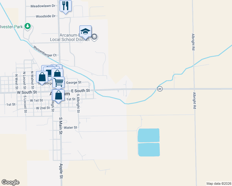 map of restaurants, bars, coffee shops, grocery stores, and more near 6987 Alternate State Route 49 in Arcanum