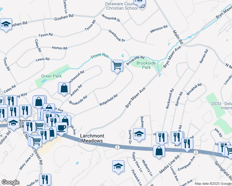 map of restaurants, bars, coffee shops, grocery stores, and more near 142 Ridgefield Road in Newtown Square
