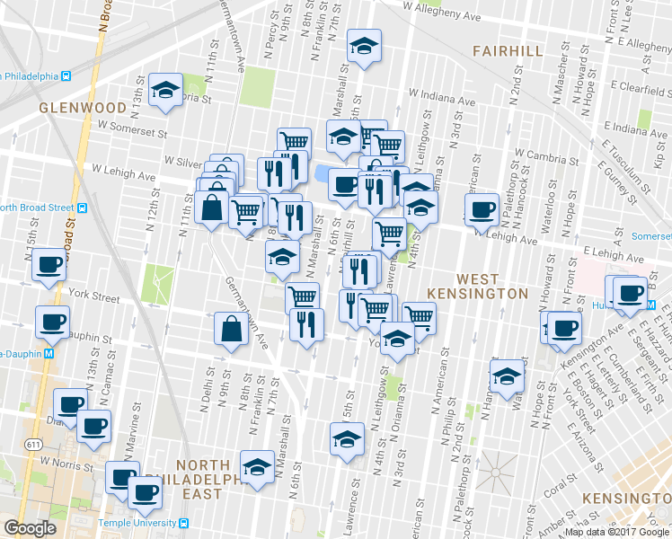 map of restaurants, bars, coffee shops, grocery stores, and more near 2537 North 6th Street in Philadelphia