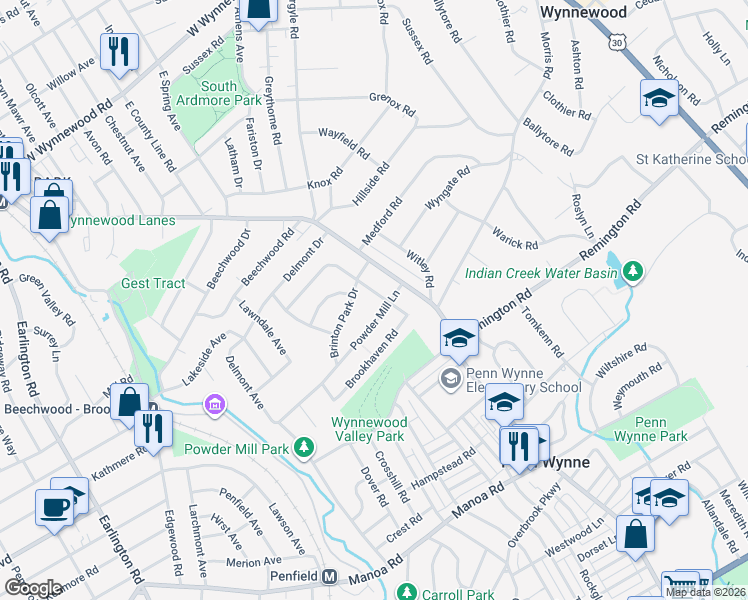 map of restaurants, bars, coffee shops, grocery stores, and more near 454 Rock Glen Drive in Penn Wynne