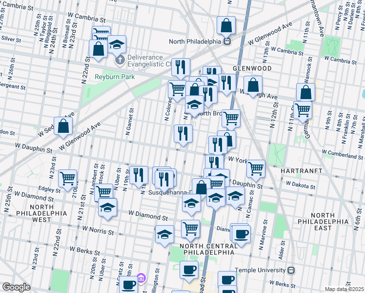 map of restaurants, bars, coffee shops, grocery stores, and more near 2401 North Bancroft Street in Philadelphia