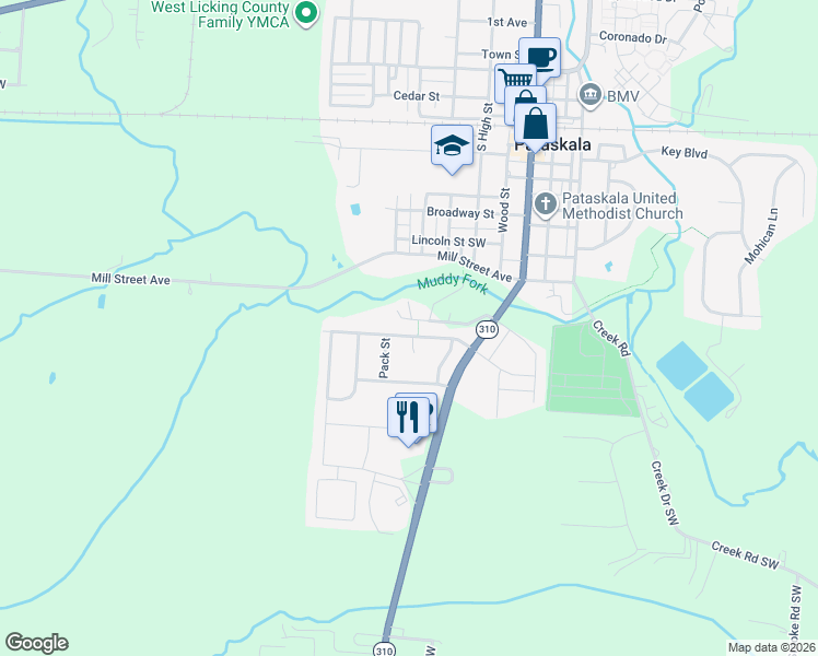 map of restaurants, bars, coffee shops, grocery stores, and more near 340 Pataskala Ridge Drive Southwest in Pataskala