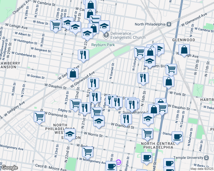 map of restaurants, bars, coffee shops, grocery stores, and more near 2355 North Opal Street in Philadelphia
