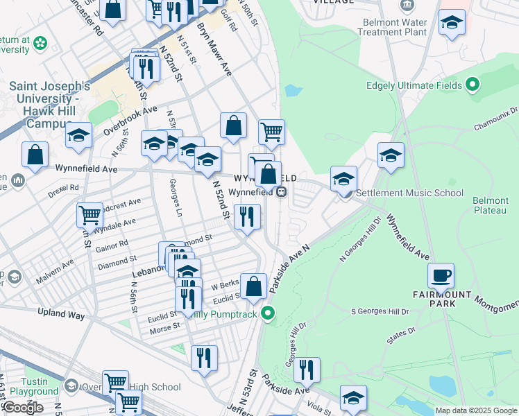map of restaurants, bars, coffee shops, grocery stores, and more near 5013 Gainor Road in Philadelphia