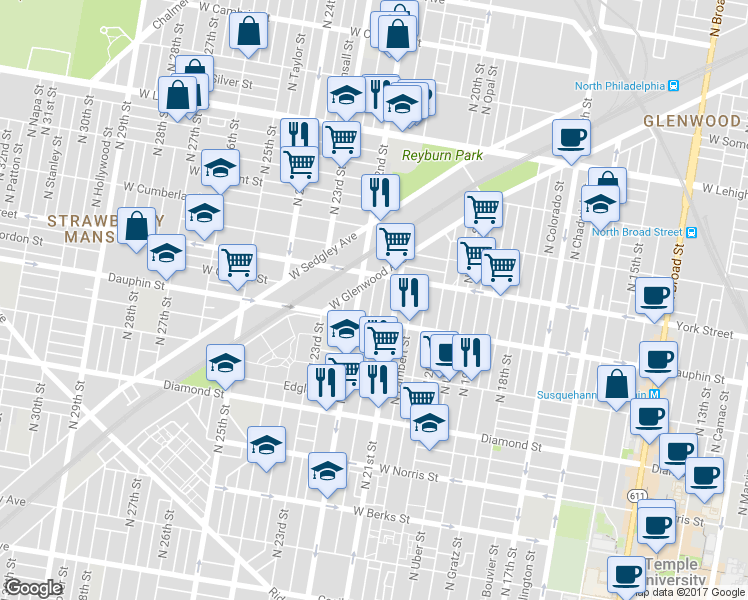 map of restaurants, bars, coffee shops, grocery stores, and more near 2331 North Beechwood Street in Philadelphia