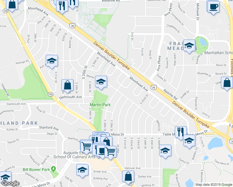 map of restaurants, bars, coffee shops, grocery stores, and more near 190 South 38th Street in Boulder