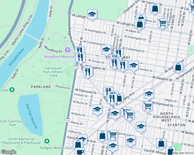 map of restaurants, bars, coffee shops, grocery stores, and more near 3044 West Colona Street in Philadelphia