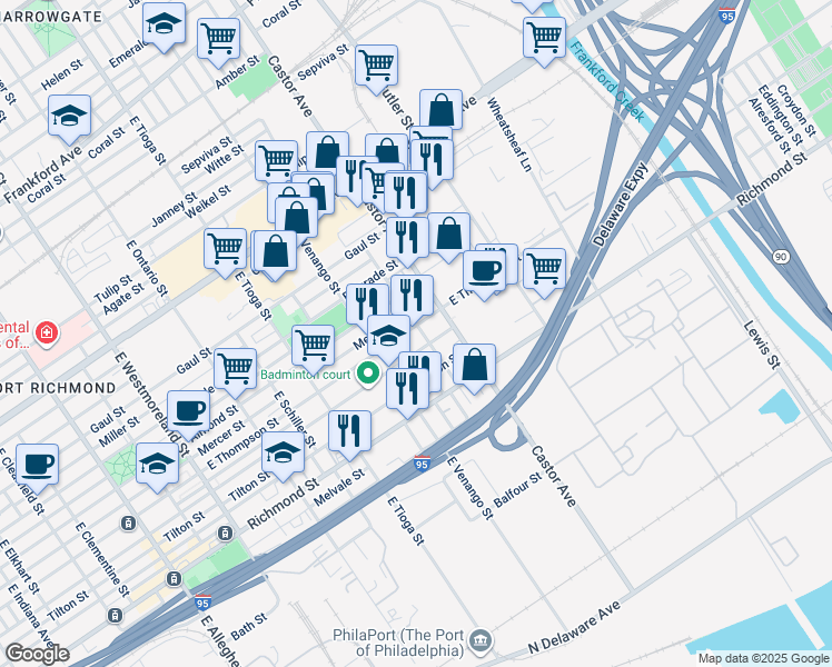 map of restaurants, bars, coffee shops, grocery stores, and more near 3645 East Thompson Street in Philadelphia