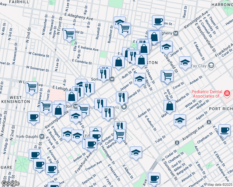 map of restaurants, bars, coffee shops, grocery stores, and more near 1900 East Somerset Street in Philadelphia