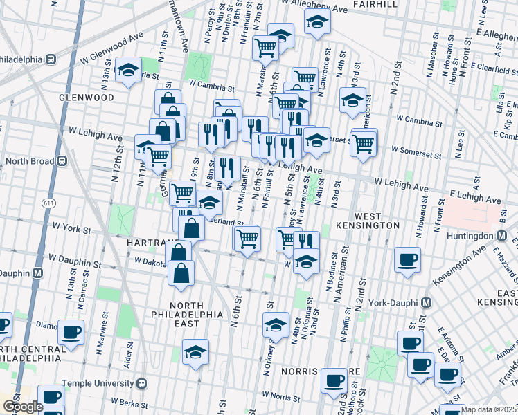 map of restaurants, bars, coffee shops, grocery stores, and more near 2537 North 6th Street in Philadelphia