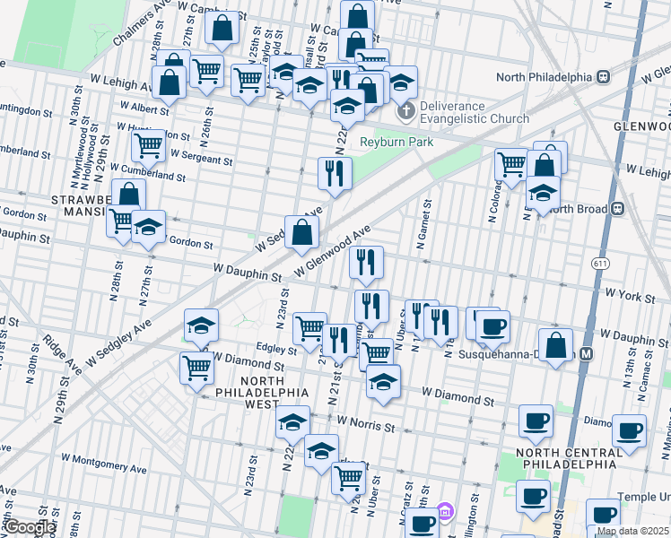 map of restaurants, bars, coffee shops, grocery stores, and more near 2331 North Beechwood Street in Philadelphia