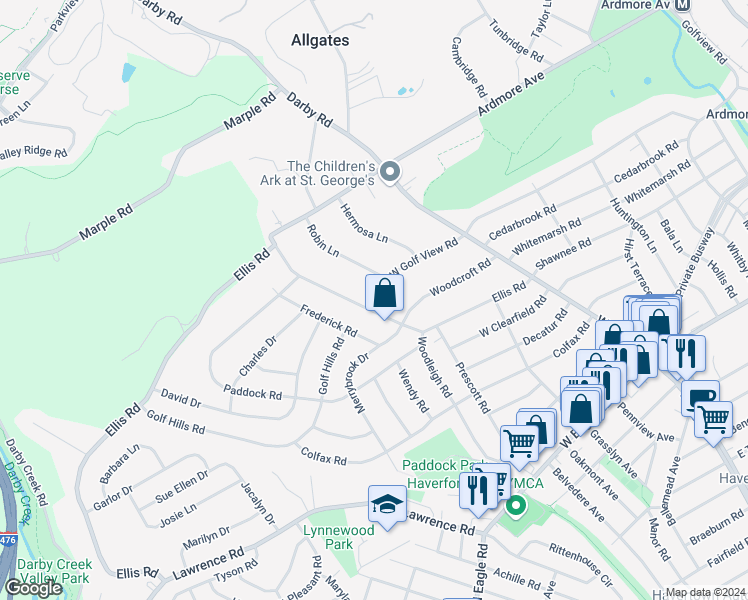 map of restaurants, bars, coffee shops, grocery stores, and more near 48 West Golf View Road in Havertown
