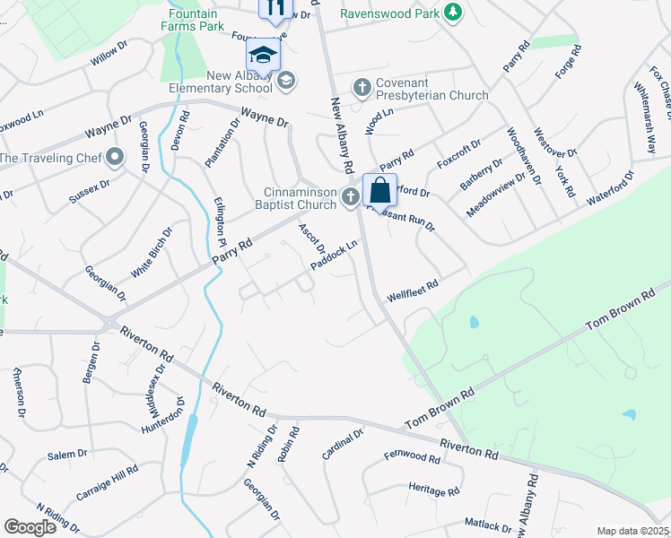 map of restaurants, bars, coffee shops, grocery stores, and more near 6 Burrell Lane in Cinnaminson
