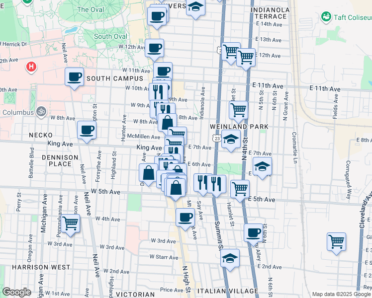 map of restaurants, bars, coffee shops, grocery stores, and more near 77 East 7th Avenue in Columbus