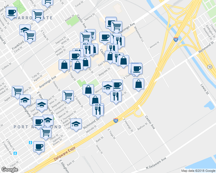 map of restaurants, bars, coffee shops, grocery stores, and more near 3620 East Thompson Street in Philadelphia